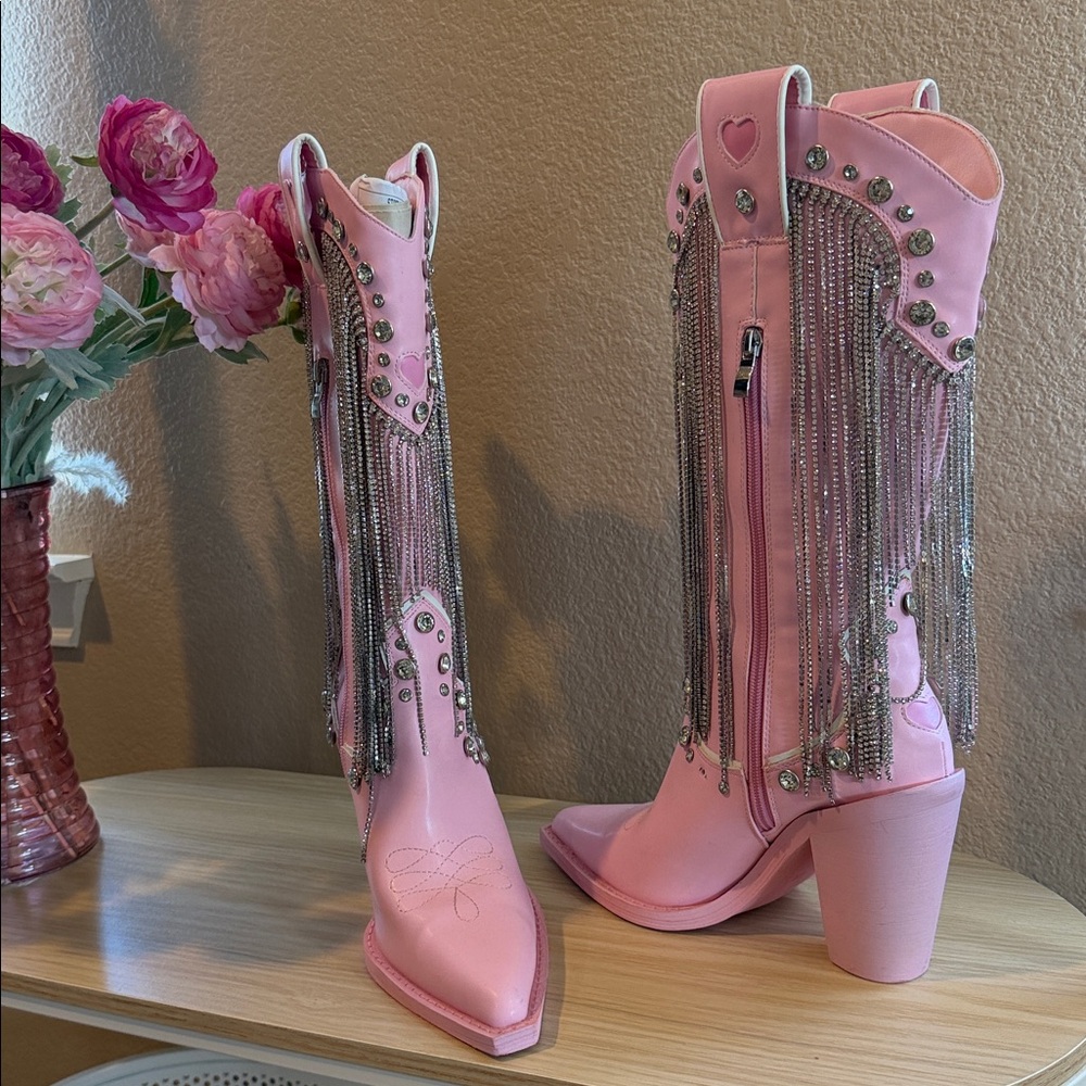 Dolls Kill Pink Western Rhinestone Fringe Boots - Picture 9 of 11